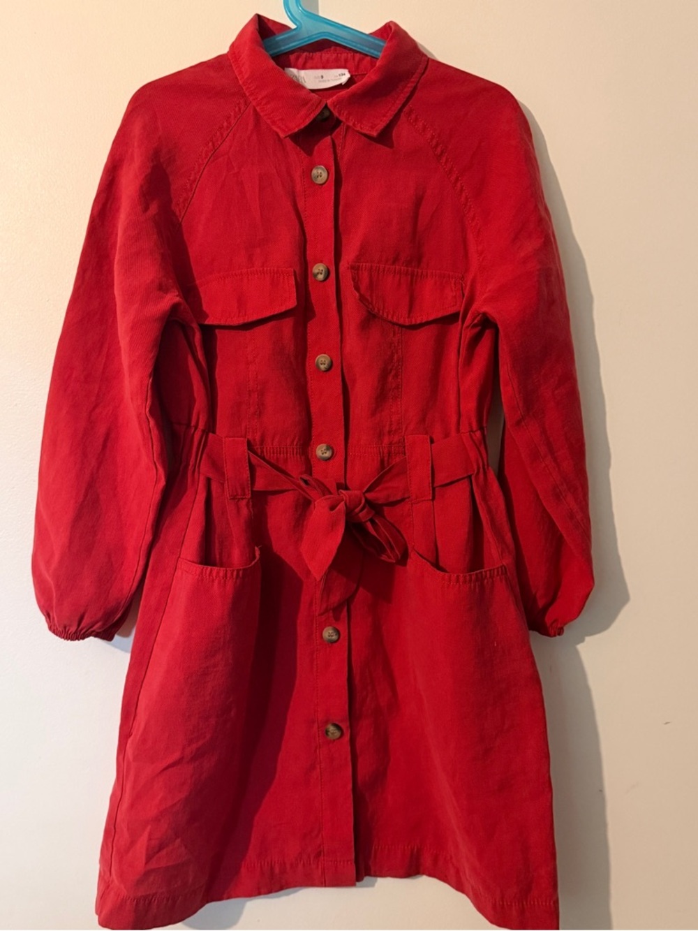 ZARA Red Twill Safari Shirt Dress Size 9 Kids Utility